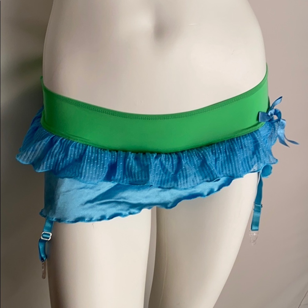 Biatta Intimates blue and green skirted thong panty with garter straps